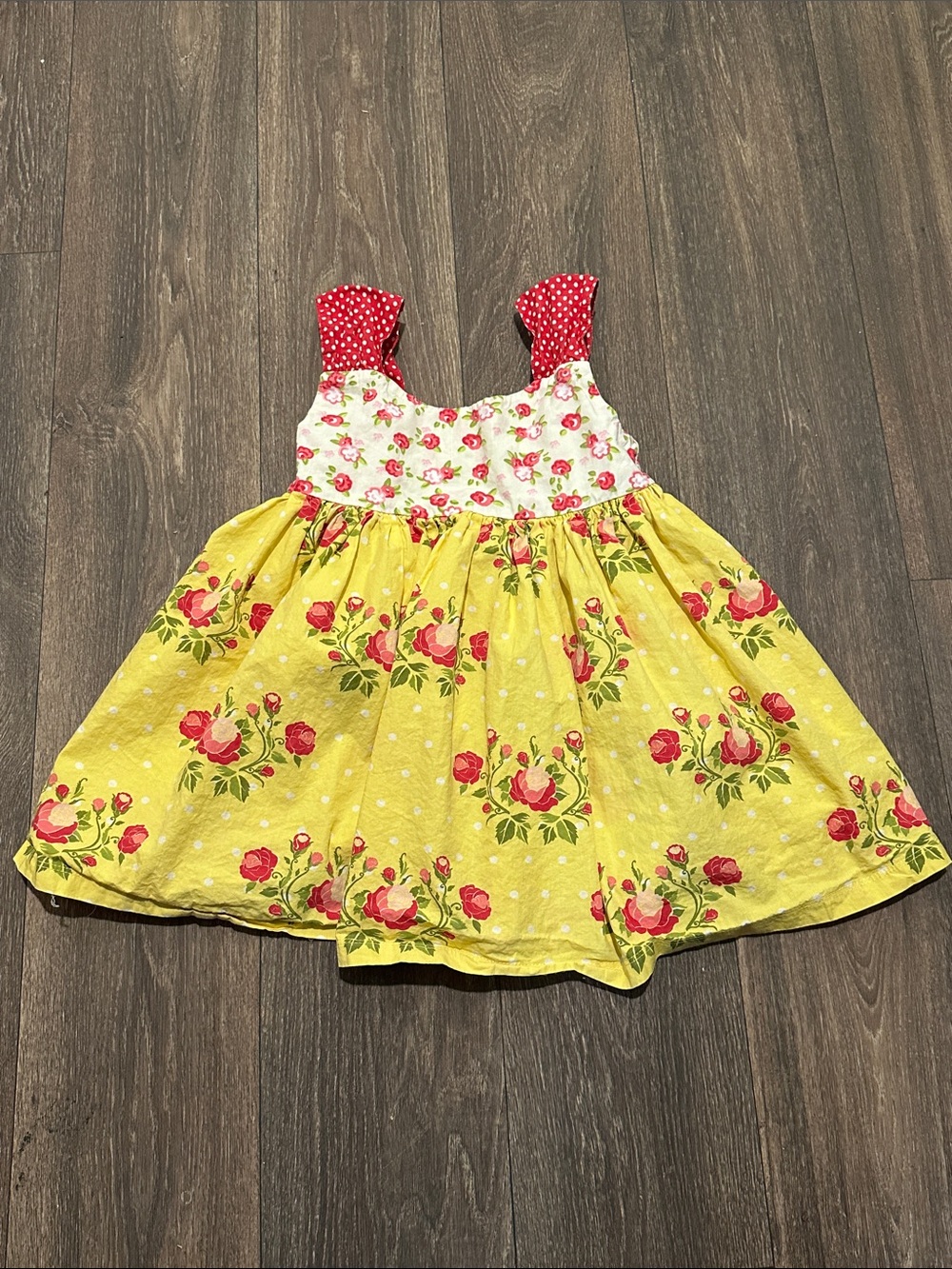Jelly the Pug Yellow Floral Sleeveless Girls' Dress with Red Accents
